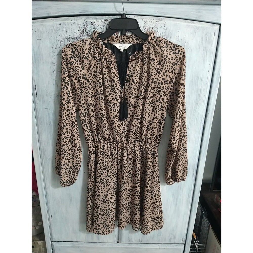 LaRoque Mini Dress Y2k Boho Leopard Ruffled Neck Sm feminine